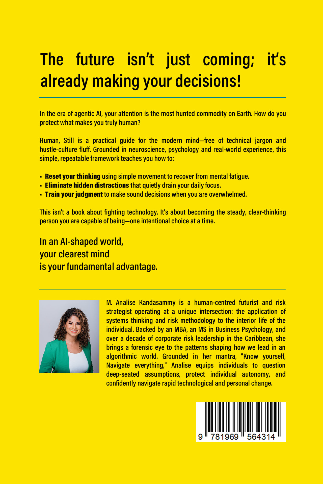 Back cover of Human, Still — yellow cover with book description, author bio and barcode